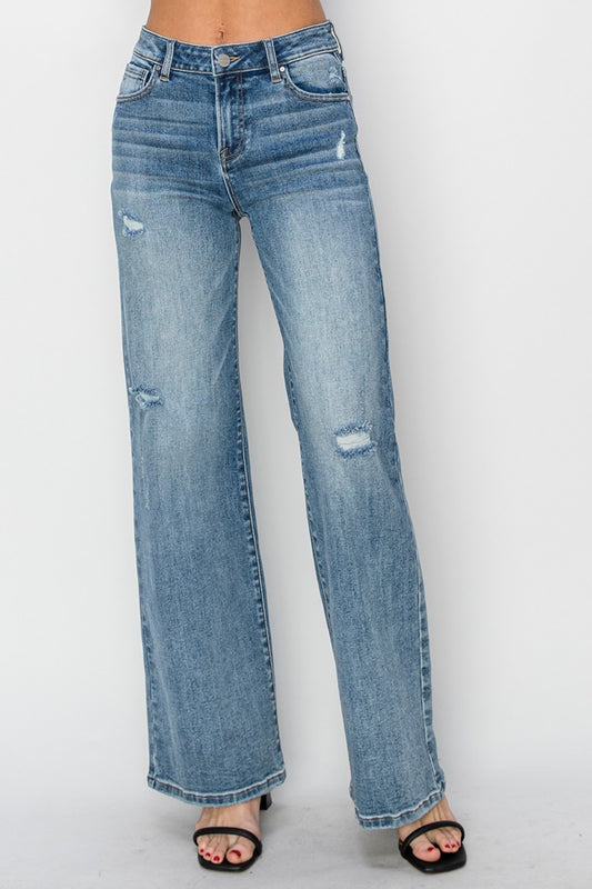 Denim Girl- High Waist Distressed Wide Leg Jeans