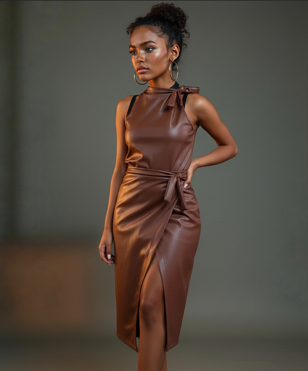 CoCo Slit Leather Midi Skirt