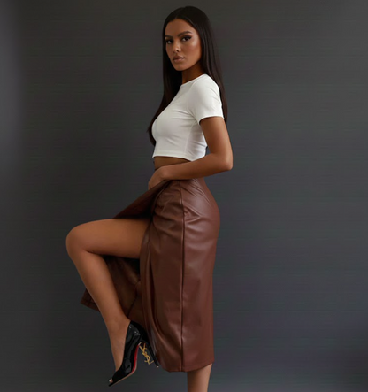 CoCo Slit Leather Midi Skirt